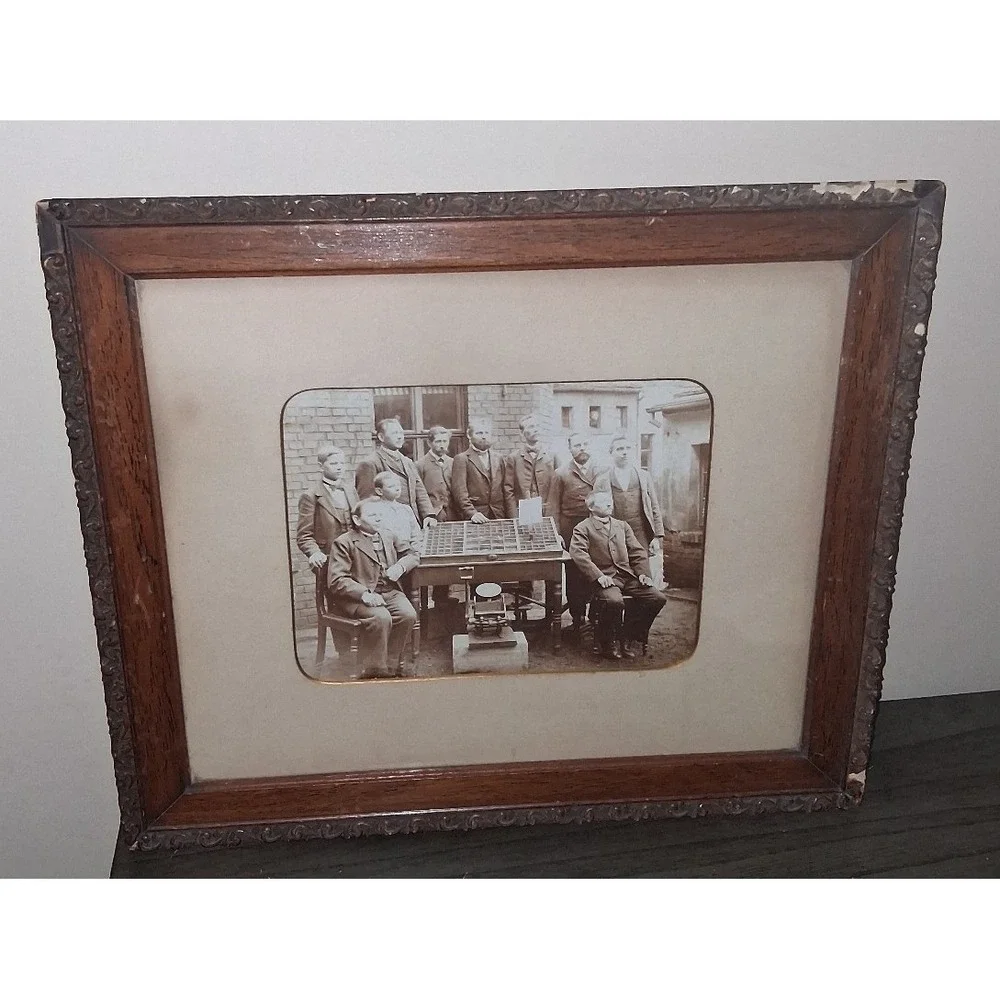 Antique Framed Sepia Group Portrait Photograph Men Victorian Wood Frame 16.25x14